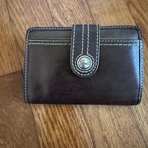 Fossil Dark Brown Leather Wallet with White and Green Stitching